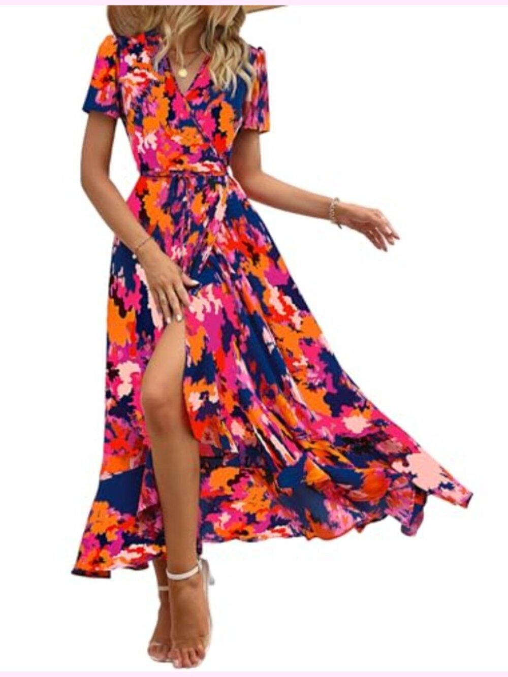 Boho Floral Maxi Dress Wrap V-Neck Short Sleeve Flowy Summer Ruffle Beach